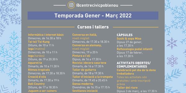 Cursos, tallers i càpsules d’hivern al Centre Cívic Poblenou